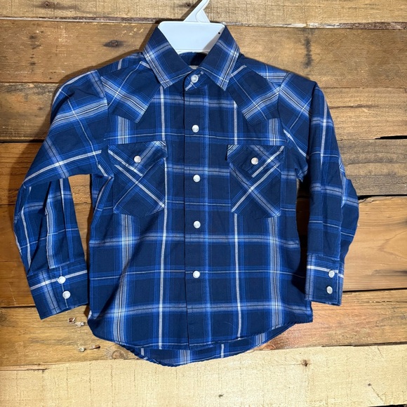 Boy's Ely‎ Cattleman Long Sleeve Blue Plaid Western Snap Shirt size 4 - Picture 1 of 3